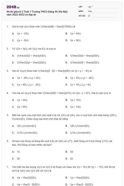 Đề thi giữa kì 2 Toán 7 Trường THCS Giảng Võ (Hà Nội) năm 2022-2023 có đáp án