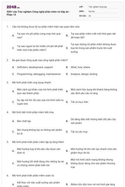 500+ câu Trắc nghiệm Công nghệ phần mềm có đáp án - Phần 15