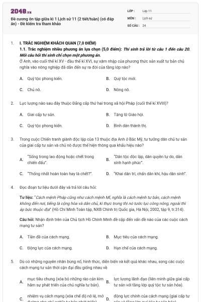 Đề cương ôn tập giữa kì 1 Lịch sử 11 (2 tiết/tuần) (có đáp án) - Đề kiểm tra tham khảo