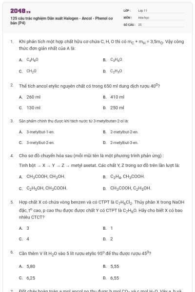 125 câu trắc nghiệm Dẫn xuất Halogen - Ancol - Phenol cơ bản (P4)