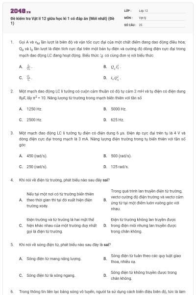 Đề kiểm tra Vật lí 12 giữa học kì 1 có đáp án (Mới nhất) (Đề 1)