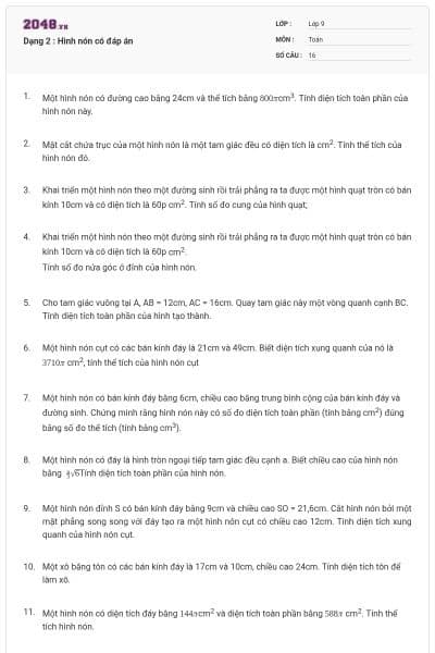 Dạng 2 : Hình nón có đáp án