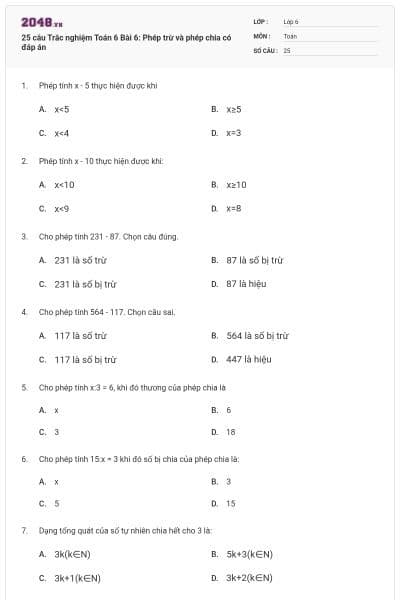 25 câu Trắc nghiệm Toán 6 Bài 6: Phép trừ và phép chia có đáp án