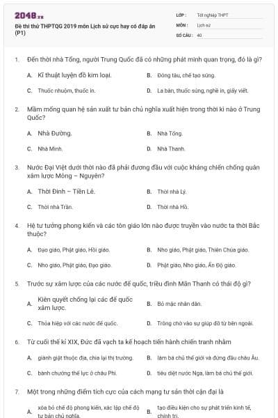 Đề thi thử THPTQG 2019 môn Lịch sử cực hay có đáp án (P1)
