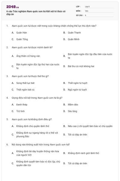 6 câu Trắc nghiệm Nam quốc sơn hà Kết nối tri thức có đáp án