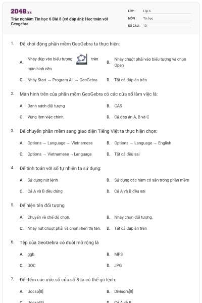 Trắc nghiệm Tin học 6 Bài 8 (có đáp án): Học toán với Geogebra
