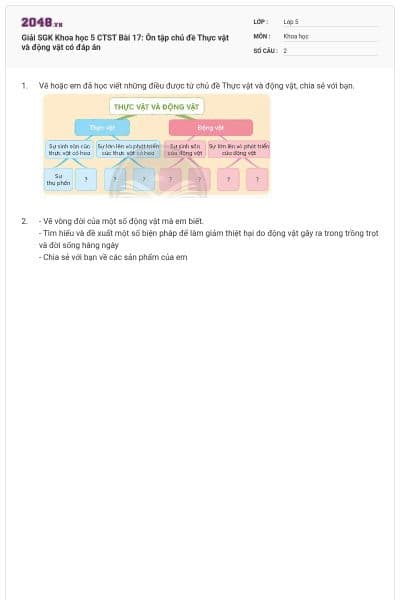 Giải SGK Khoa học 5 CTST Bài 17: Ôn tập chủ đề Thực vật và động vật có đáp án