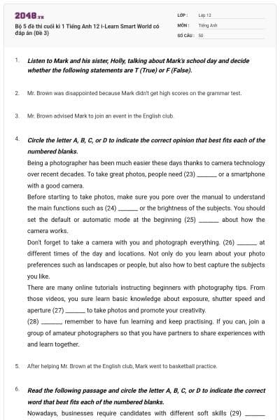 Bộ 5 đề thi cuối kì 1 Tiếng Anh 12 i-Learn Smart World có đáp án (Đề 3)
