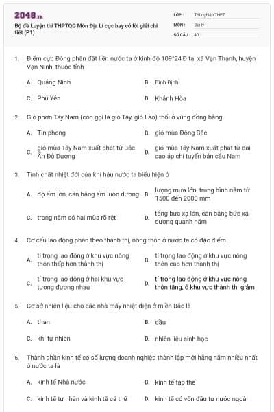 Bộ đề Luyện thi THPTQG Môn Địa Lí cực hay có lời giải chi tiết (P1)