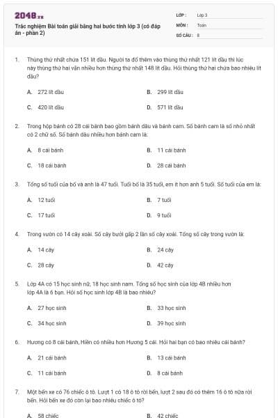 Trắc nghiệm Bài toán giải bằng hai bước tính lớp 3 (có đáp án - phần 2)