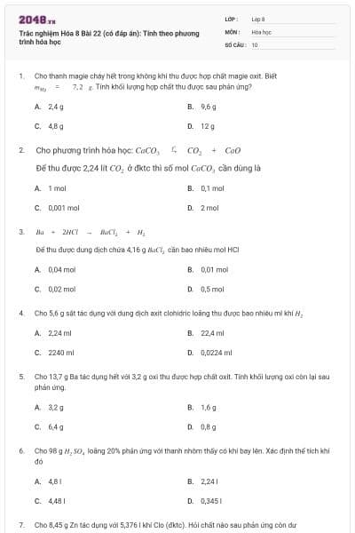 Trắc nghiệm Hóa 8 Bài 22 (có đáp án): Tính theo phương trình hóa học
