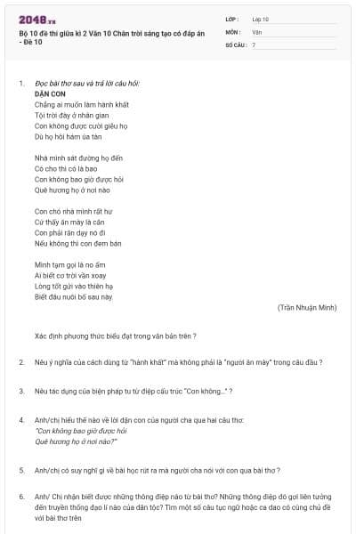 Bộ 10 đề thi giữa kì 2 Văn 10 Chân trời sáng tạo có đáp án - Đề 10