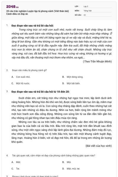 20 câu trắc nghiệm Luyện tập tả phong cảnh (Viết thân bài) Cánh diều có đáp án