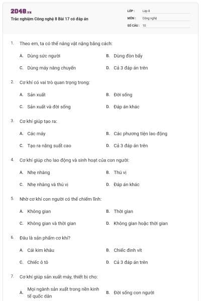 Trắc nghiệm Công nghệ 8 Bài 17 có đáp án