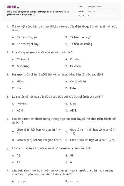 Tổng hợp chuyên đề ôn thi THPTQG môn Sinh Học có lời giải chi tiết (Chuyên đề 2)