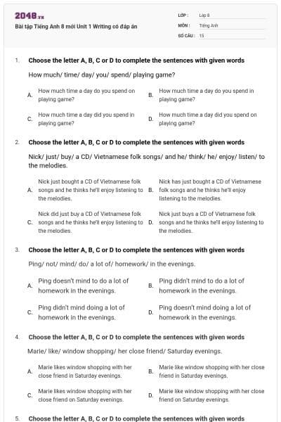 Bài tập Tiếng Anh 8 mới Unit 1 Writing có đáp án