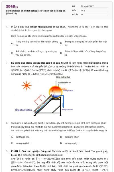 Đề tham khảo ôn thi tốt nghiệp THPT môn Vật lí có đáp án (Đề số 23)