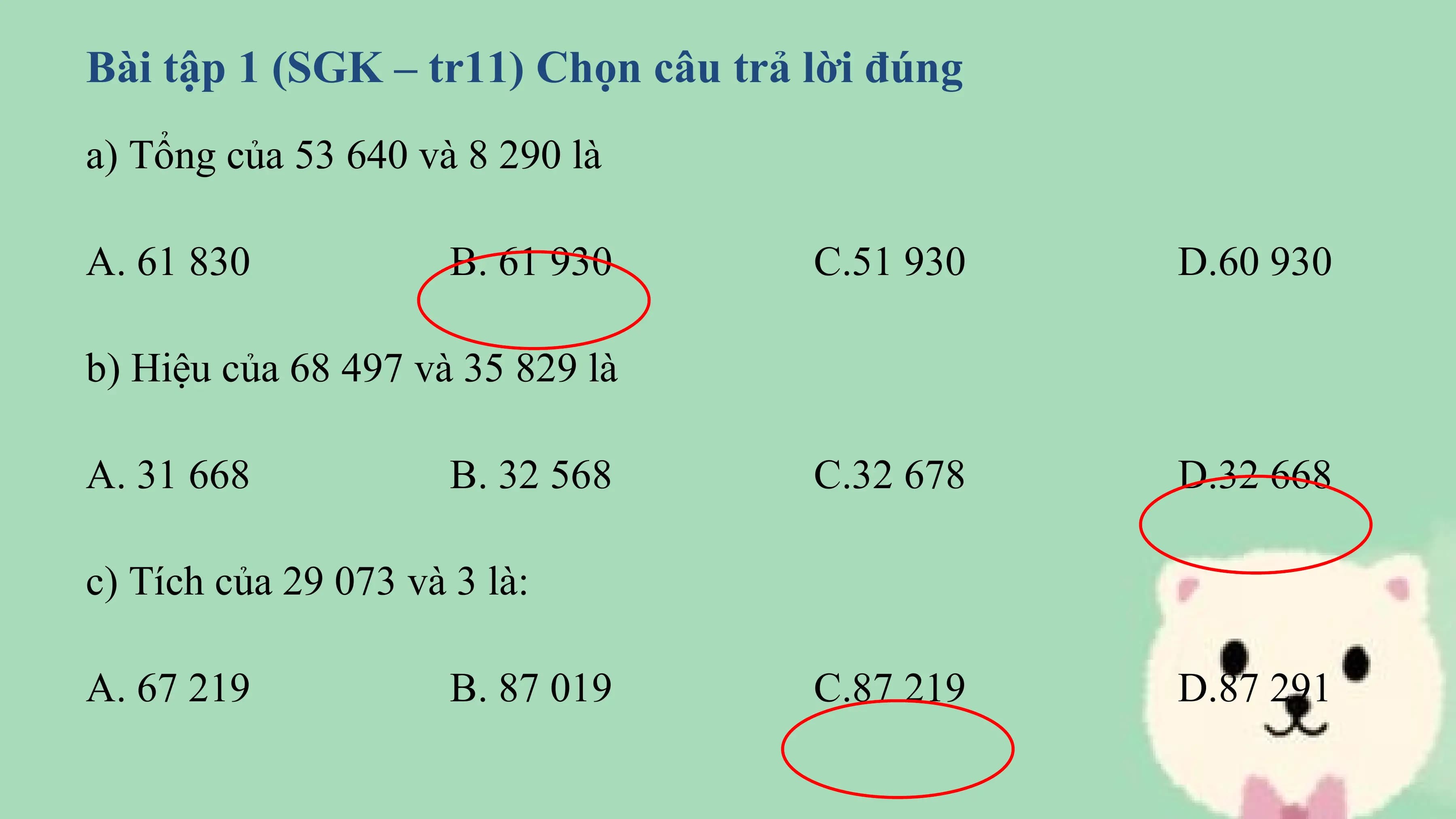 Bài tập 1 (SGK – tr11) Chọn câu trả lời đúng
a) Tổng của 53 640 và 8 290 là

A. 61 830 B. 61 930 C.51 930 D.60 930

b) Hiệu của 68 497 và 35 829 là

A. 31 668 B. 32 568 C.32 678 D.32 668

c) Tích của 29 073 và 3 là:

A. 67 219 B. 87 019 C.87 219 D.87 291