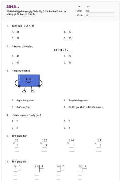 Phiếu bài tập hàng ngày Toán lớp 3 Cánh diều Em ôn lại những gì đã học có đáp án