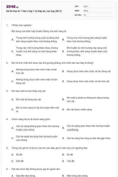 Đề thi Học kì 1 Vật Lí lớp 7 có đáp án, cực hay (Đề 2)