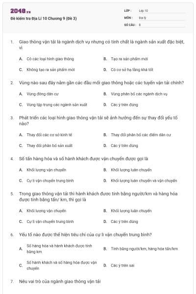 Đề kiểm tra Địa Lí 10 Chương 9 (Đề 3)