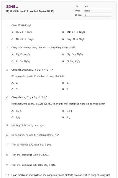 Bộ 20 đề thi học kì 1 Hóa 8 có đáp án (Đề 13)