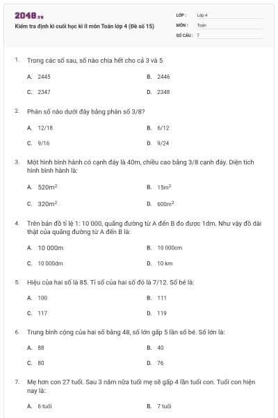 Kiểm tra định kì cuối học kì II môn Toán lớp 4 (Đề số 15)