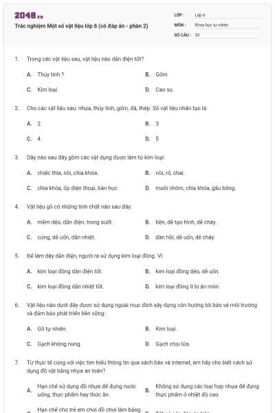 Trắc nghiệm Một số vật liệu lớp 6 (có đáp án - phần 2)