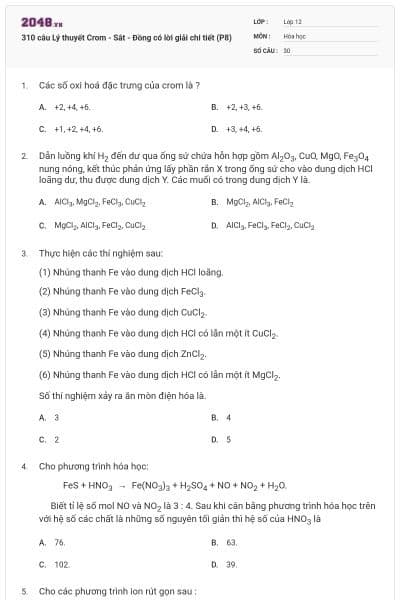 310 câu Lý thuyết Crom - Sắt - Đồng có lời giải chi tiết (P8)