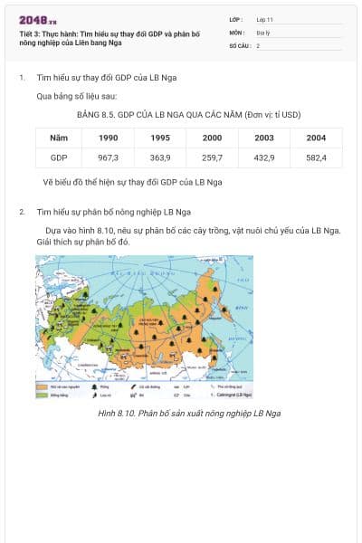 Tiết 3: Thực hành: Tìm hiểu sự thay đổi GDP và phân bố nông nghiệp của Liên bang Nga