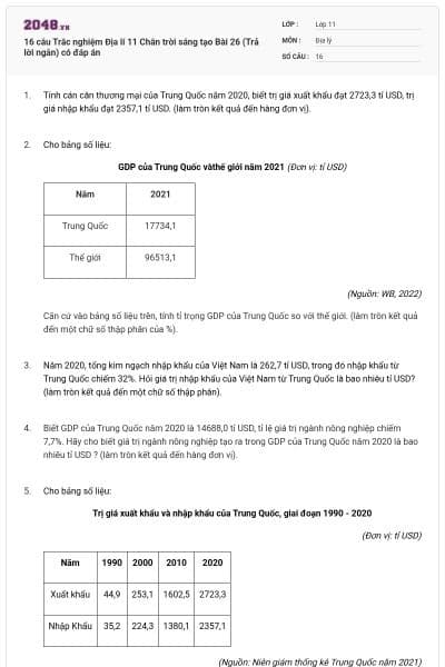 16 câu Trắc nghiệm Địa lí 11 Chân trời sáng tạo Bài 26 (Trả lời ngắn) có đáp án