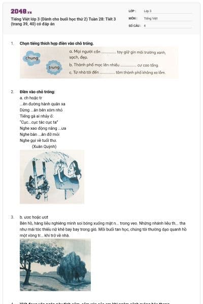 Tiếng Việt lớp 3 (Dành cho buổi học thứ 2) Tuần 28: Tiết 3 (trang 39, 40) có đáp án