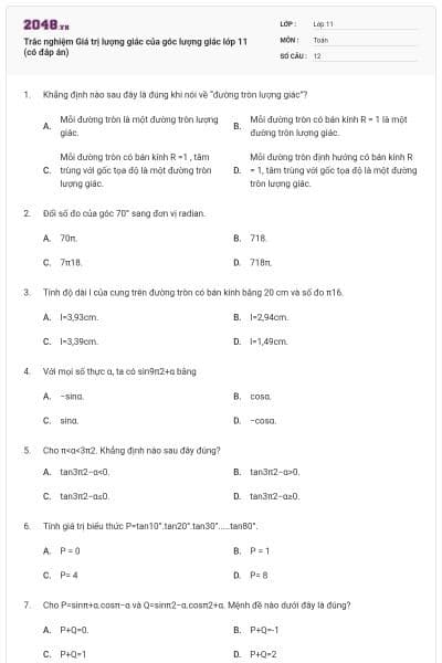 Trắc nghiệm Giá trị lượng giác của góc lượng giác lớp 11 (có đáp án)