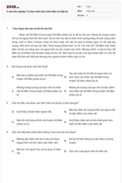 3 câu trắc nghiệm Tự đọc sách báo Cánh diều có đáp án