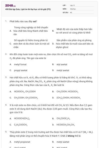 490 Bài tập Este, Lipit ôn thi Đại học có lời giải (P3)