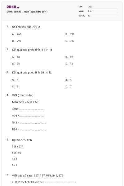 Đề thi cuối kì II môn Toán 3 (Đề số 4)