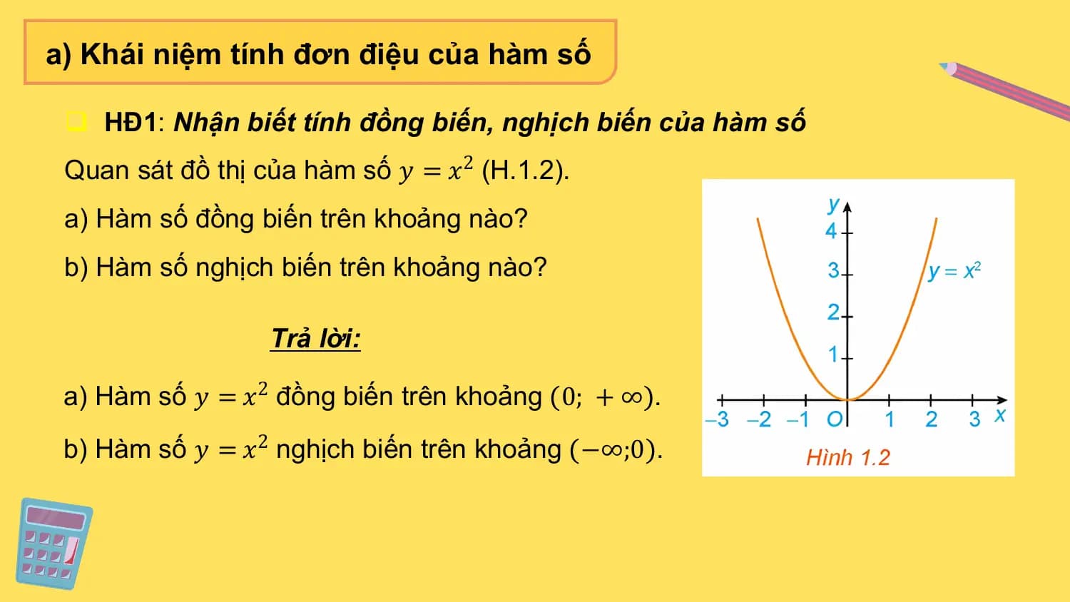 a) Khái niệm tính đơn điệu của hàm số

 q HĐ1: Nhận biết tính đồng biến, nghịch biến của hàm số
 Quan sát đồ thị của hàm số 𝑦 = 𝑥2 (H.1.2).
 a) Hàm số đồng biến trên khoảng nào?
 b) Hàm số nghịch biến trên khoảng nào?

 Trả lời:

 a) Hàm số 𝑦 = 𝑥2 đồng biến trên khoảng 0; + ∞ .
 b) Hàm số 𝑦 = 𝑥2 nghịch biến trên khoảng −∞;0 .