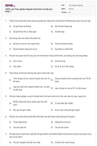 1000+ câu Trắc nghiệm Nguyên lý kế toán (có đáp án) - Phần 7