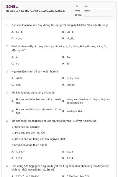 Đề kiểm tra 1 tiết Hóa học 9 Chương 2 có đáp án (Đề 4)