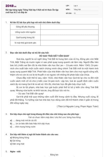 Bài tập hàng ngày Tiếng Việt lớp 4 Kết nối tri thức Ôn tập cuối học kì 2 có đáp án