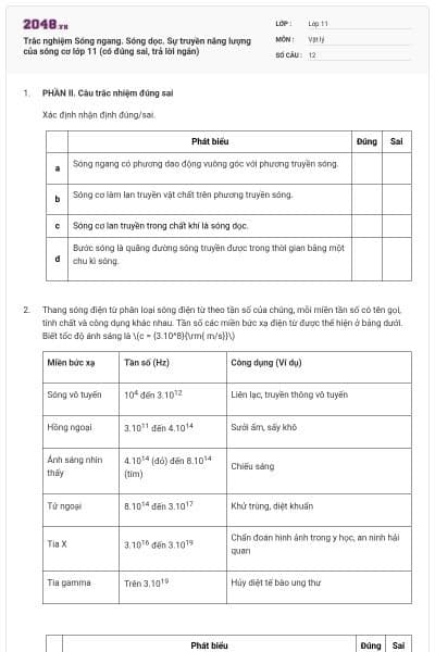 Trắc nghiệm Sóng ngang. Sóng dọc. Sự truyền năng lượng của sóng cơ lớp 11 (có đúng sai, trả lời ngắn)
