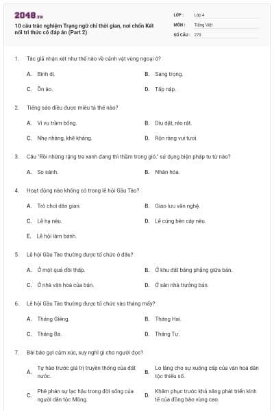 10 câu trắc nghiệm Trạng ngữ chỉ thời gian, nơi chốn Kết nối tri thức có đáp án (Part 2)