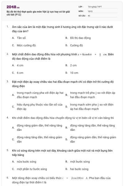 Bộ đề thi thử thpt quốc gia môn Vật Lý cực hay có lời giải chi tiết (P12)