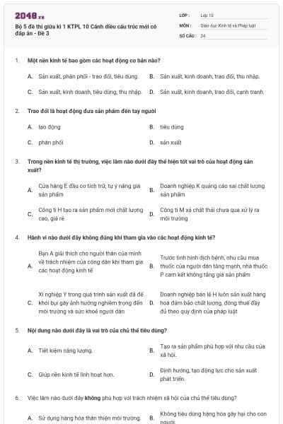 Bộ 5 đề thi giữa kì 1 KTPL 10 Cánh diều cấu trúc mới có đáp án - Đề 3
