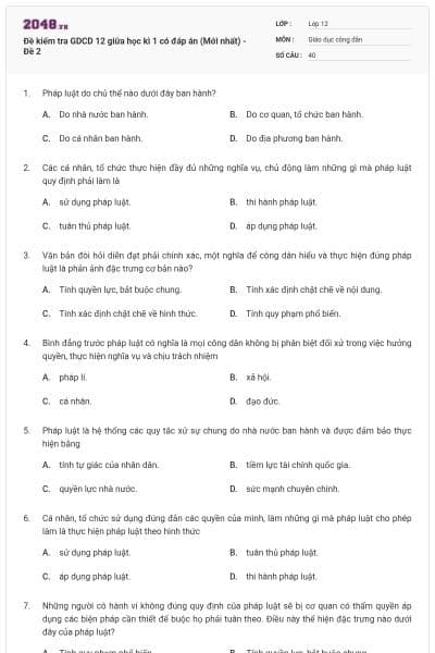 Đề kiểm tra GDCD 12 giữa học kì 1 có đáp án (Mới nhất) - Đề 2
