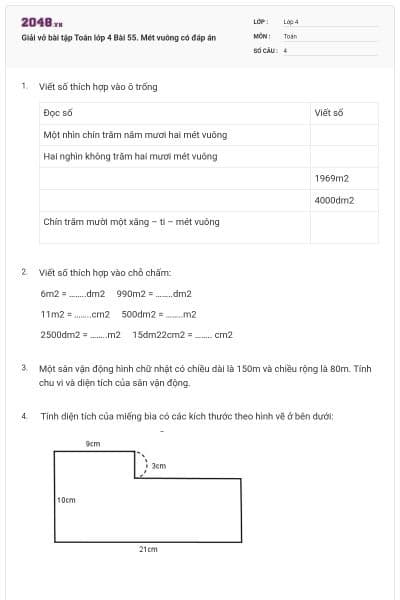 Giải vở bài tập Toán lớp 4  Bài 55. Mét vuông có đáp án