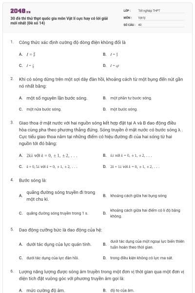30 đề thi thử thpt quốc gia môn Vật lí cực hay có lời giải mới nhất (Đề số 14)