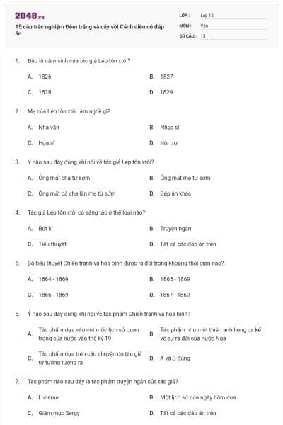 15 câu trắc nghiệm Đêm trăng và cây sồi Cánh diều có đáp án