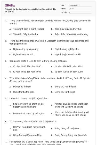 Tổng đề thi thử thpt quốc gia môn Lịch sử hay nhất có đáp án (đề 14)