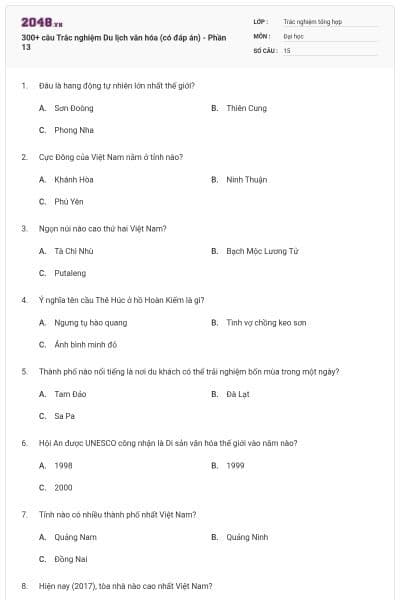 300+ câu Trắc nghiệm Du lịch văn hóa (có đáp án) - Phần 13